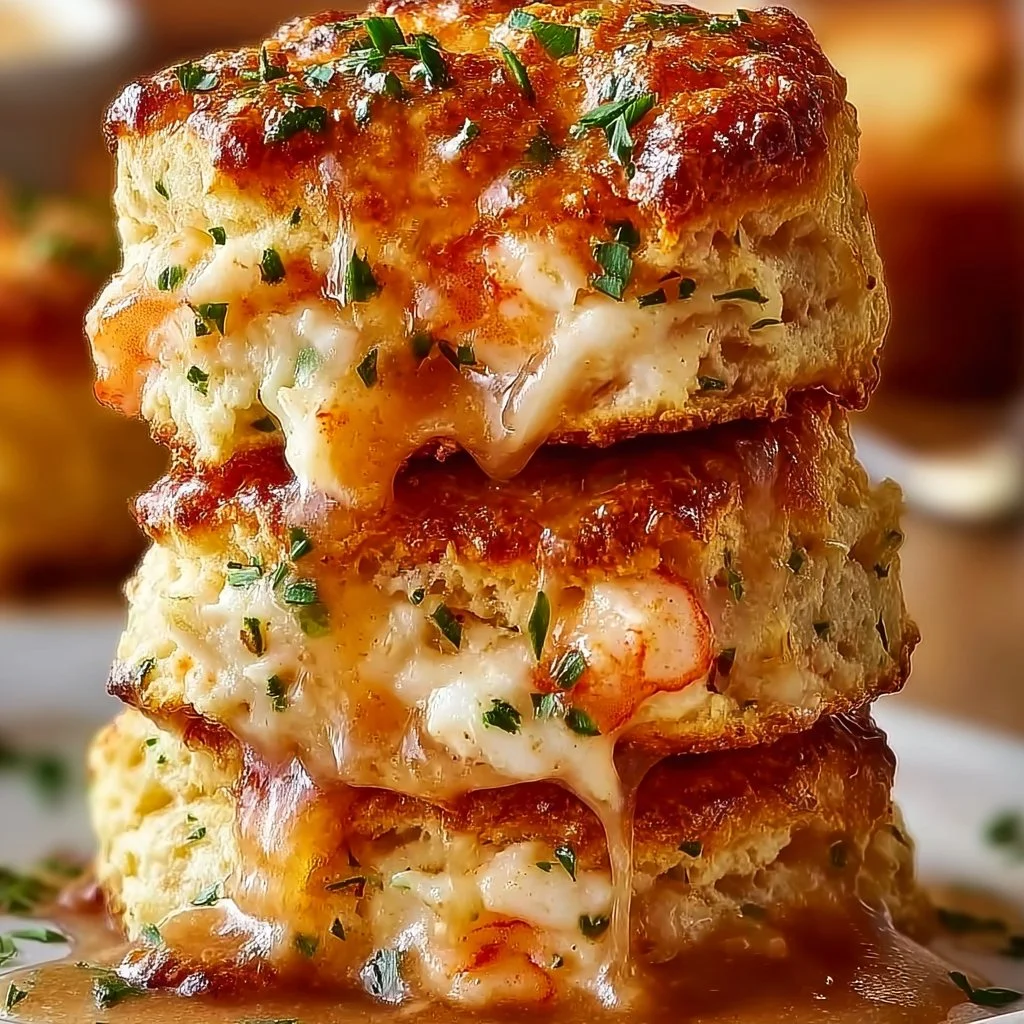 Shrimp crab biscuit melts served on a plate garnished with herbs