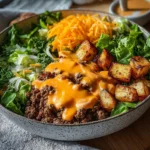 Delicious Smash Burger Bowl featuring juicy patties, fresh toppings, and vibrant ingredients.