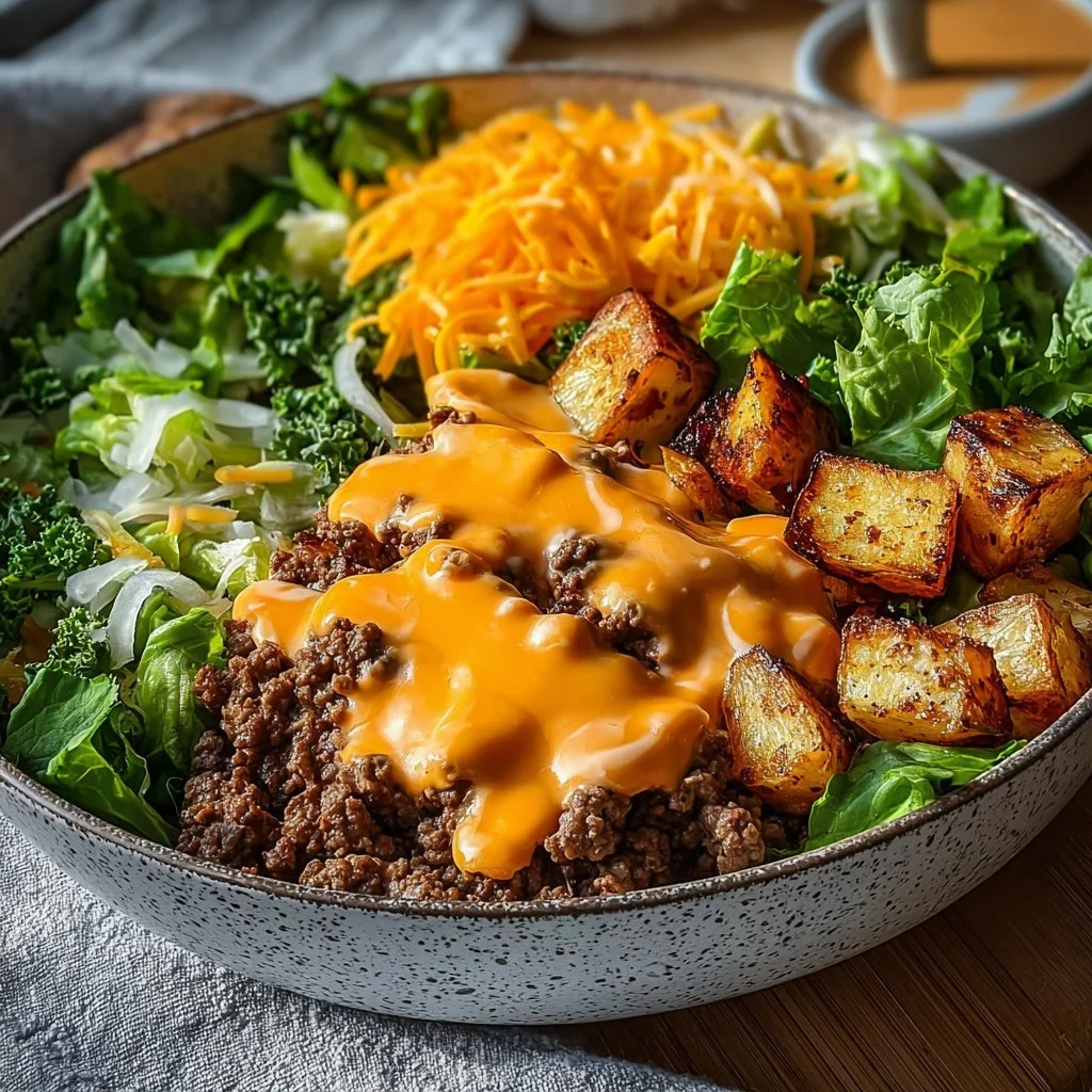 Delicious Smash Burger Bowl featuring juicy patties, fresh toppings, and vibrant ingredients.