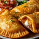 Spicy crispy Mexican taco pockets served with salsa and garnished with herbs