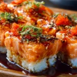 Spicy Salmon Sushi Bake dish garnished and ready to serve
