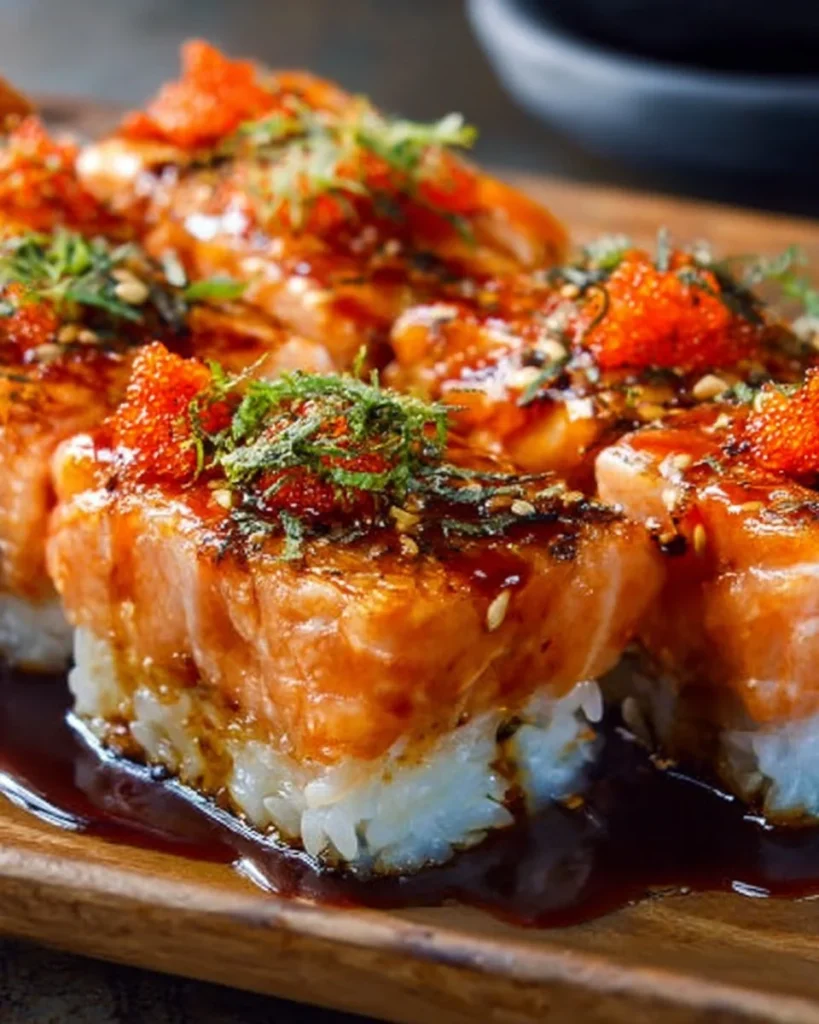 Spicy Salmon Sushi Bake dish garnished and ready to serve