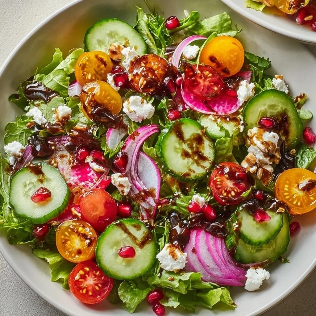 Spring Mix Salad topped with balsamic honey dressing and fresh vegetables.