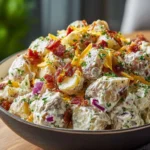 Creamy steakhouse potato salad served in a bowl, garnished with herbs.