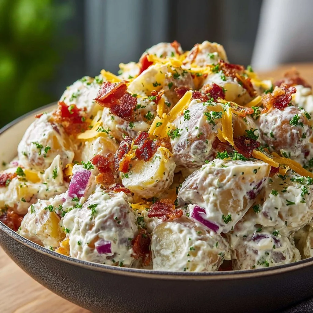 Creamy steakhouse potato salad served in a bowl, garnished with herbs.
