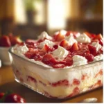 Delicious Strawberry Heaven Dessert topped with fresh strawberries and whipped cream