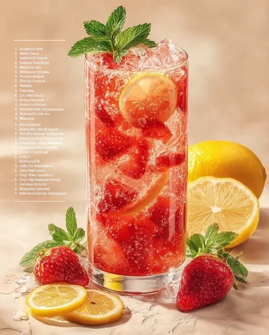 Refreshing Strawberry Lemon Fizz drink garnished with fresh strawberries and lemon slices