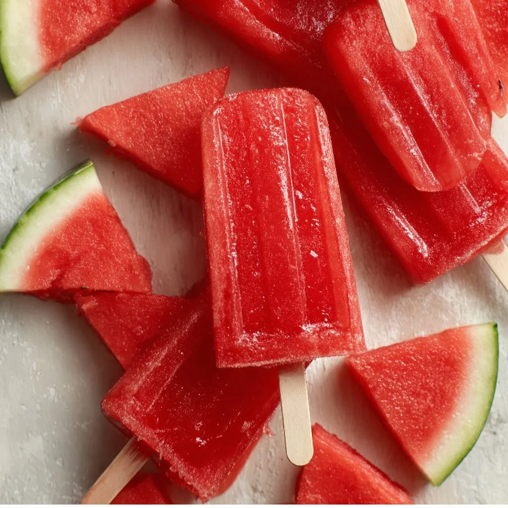 Homemade Strawberry Watermelon Popsicles stacked on a plate