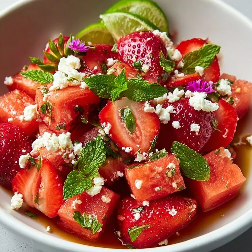 Delicious Strawberry Watermelon Salad served in a bowl, showcasing fresh fruits.