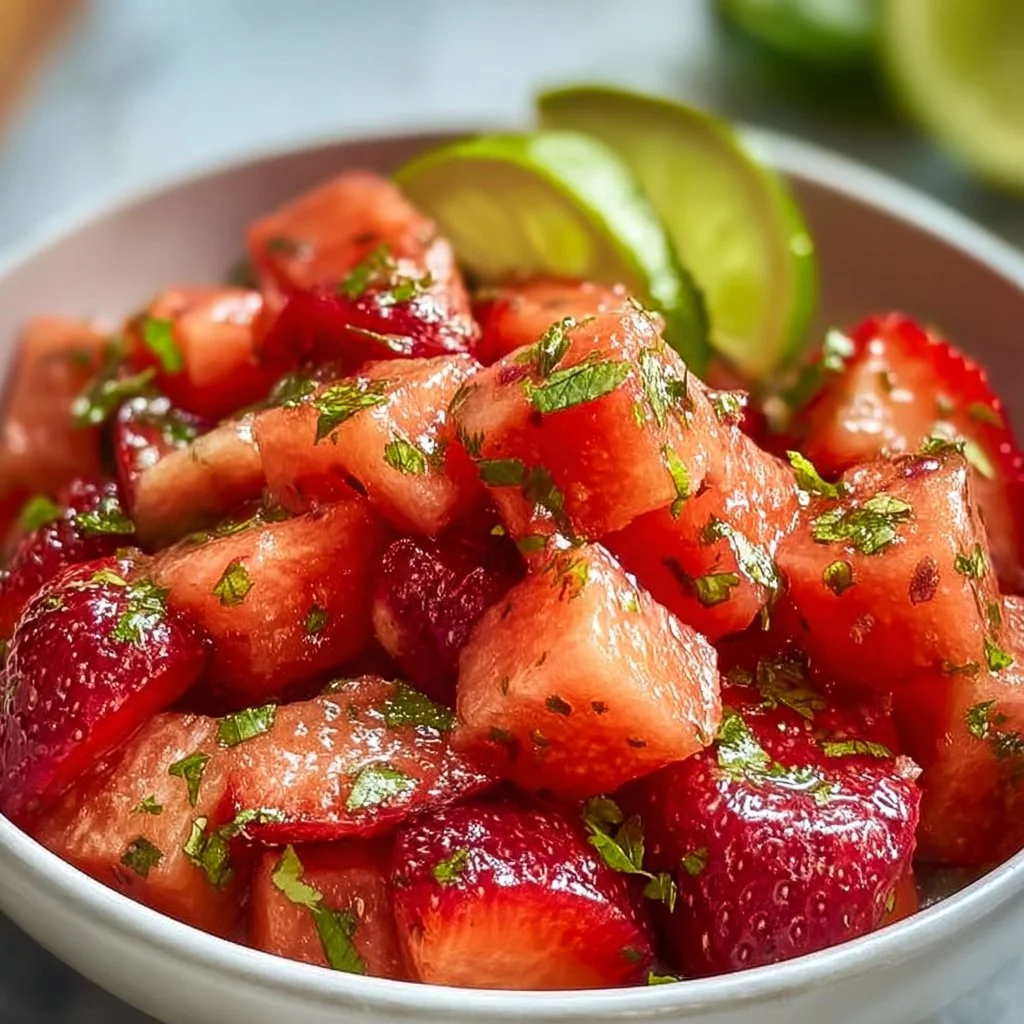 Strawberry Watermelon Salad topped with honey slices in a bowl