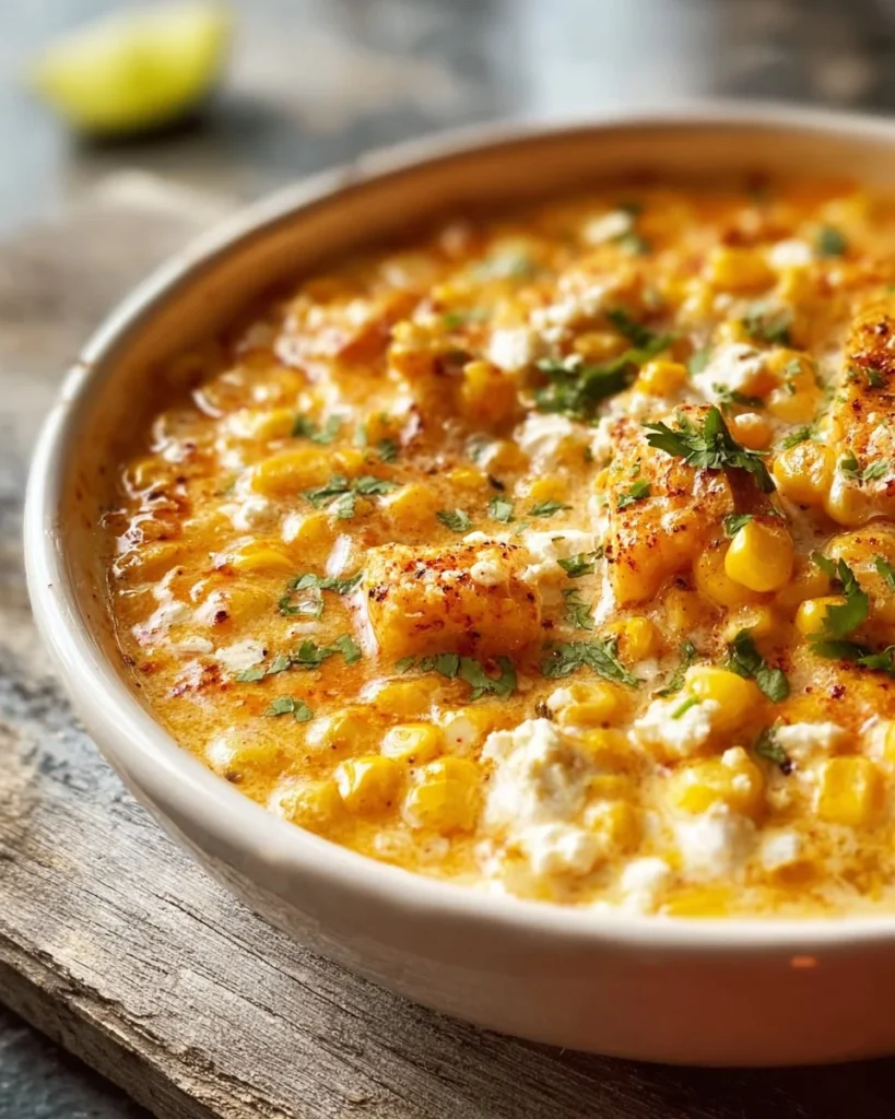 Delicious street corn chicken chili served in a bowl, garnished with fresh toppings.