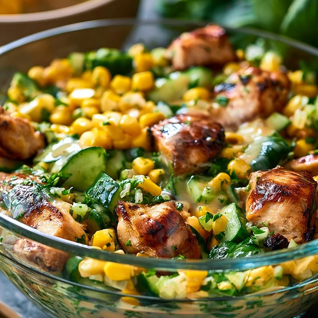 Street Corn Creamy Cucumber Chicken Salad in a bowl