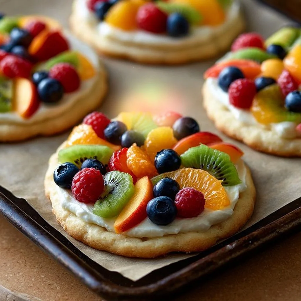 Colorful sugar cookie fruit pizzas topped with fresh fruit and cream cheese frosting
