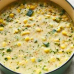 Bowl of Summer Corn and Zucchini Chowder garnished with herbs