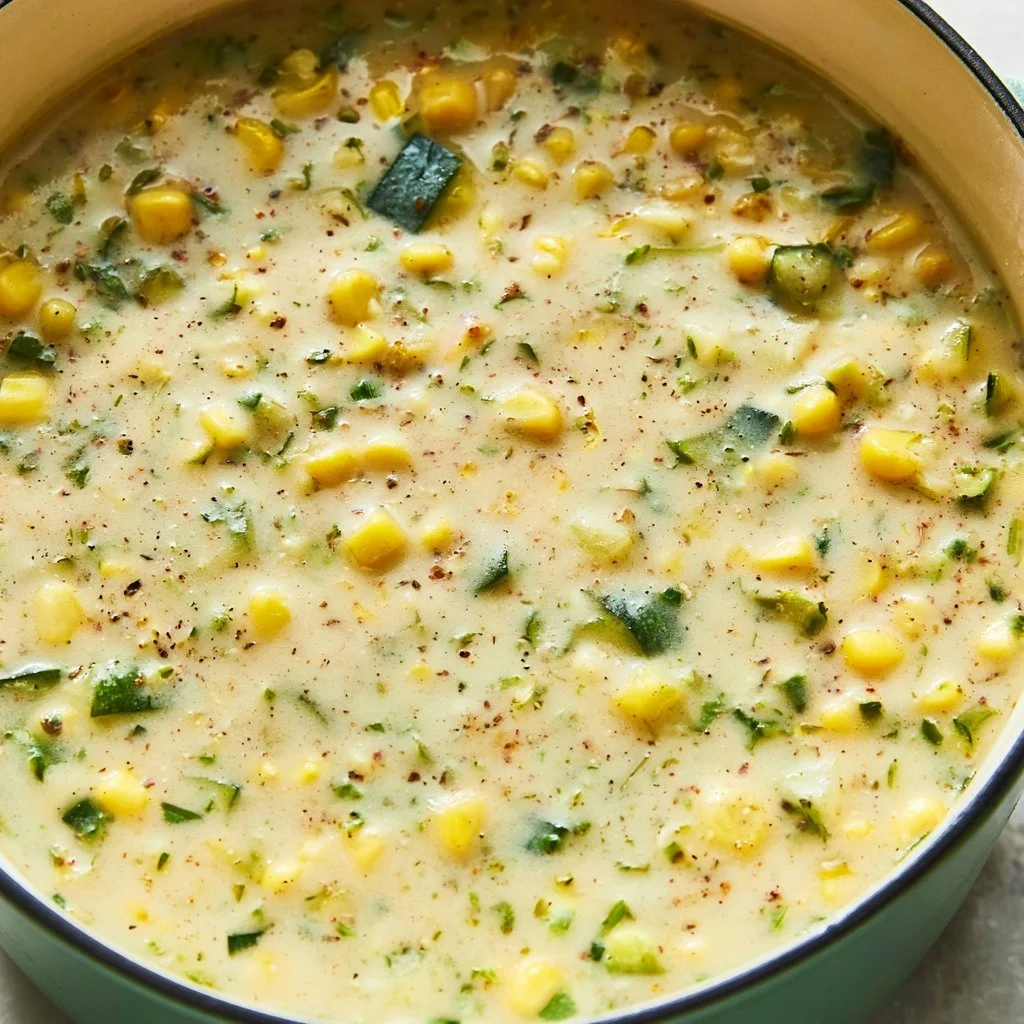 Bowl of Summer Corn and Zucchini Chowder garnished with herbs