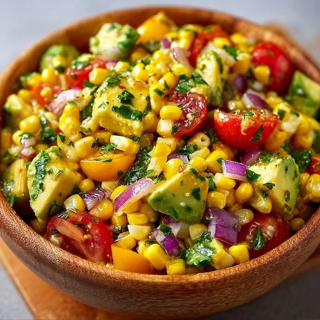Colorful Summer Corn Salad with fresh vegetables and dressing