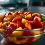 Refreshing summer peach fruit salad with vibrant fruit and mint