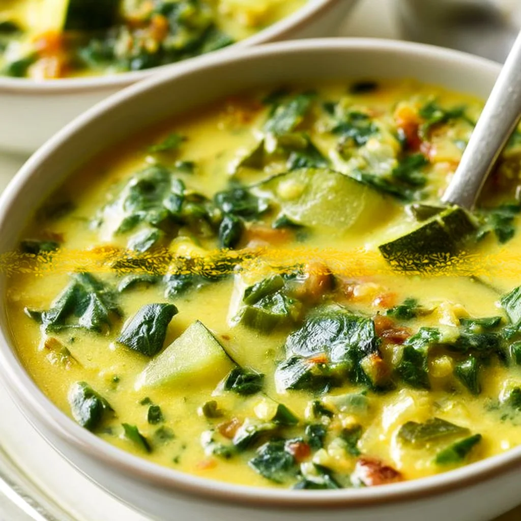 Bowl of vibrant summer soup with spinach and zucchini garnished with herbs