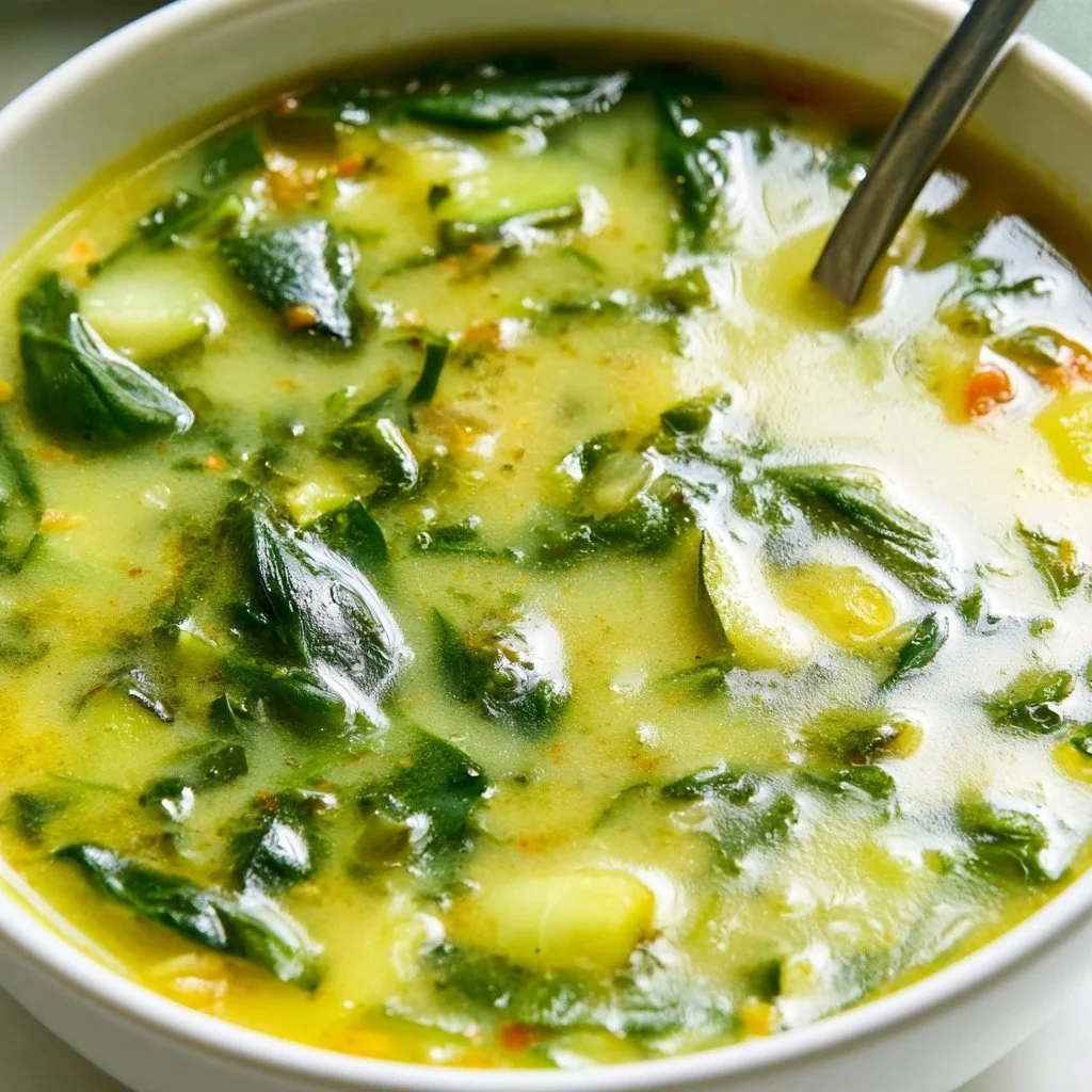 Bowl of summer soup with spinach and zucchini