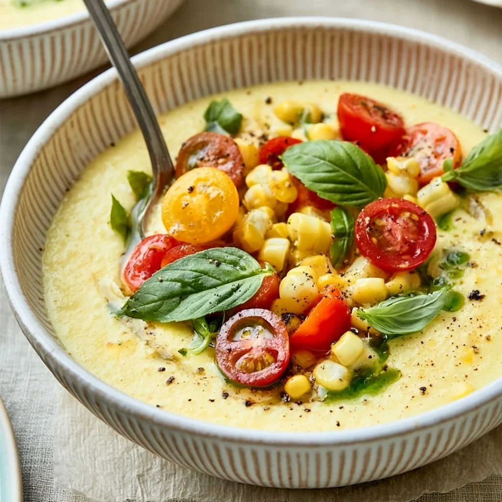 Bowl of summer sweet corn gazpacho garnished with fresh herbs and vegetables