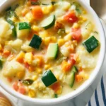 Bowl of vibrant summer vegetable chowder with fresh herbs and colorful veggies