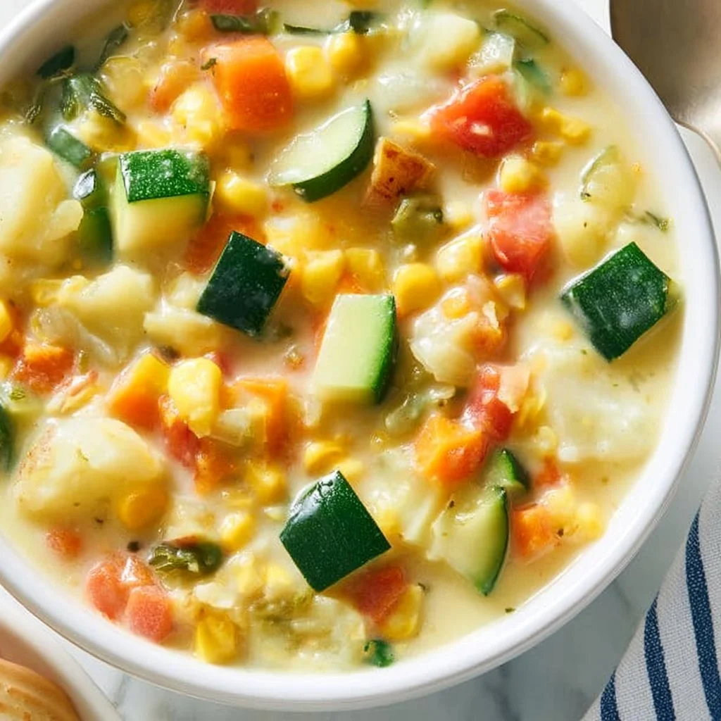 Bowl of vibrant summer vegetable chowder with fresh herbs and colorful veggies