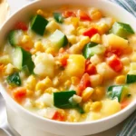 Bowl of colorful summer vegetable chowder made with fresh seasonal ingredients.