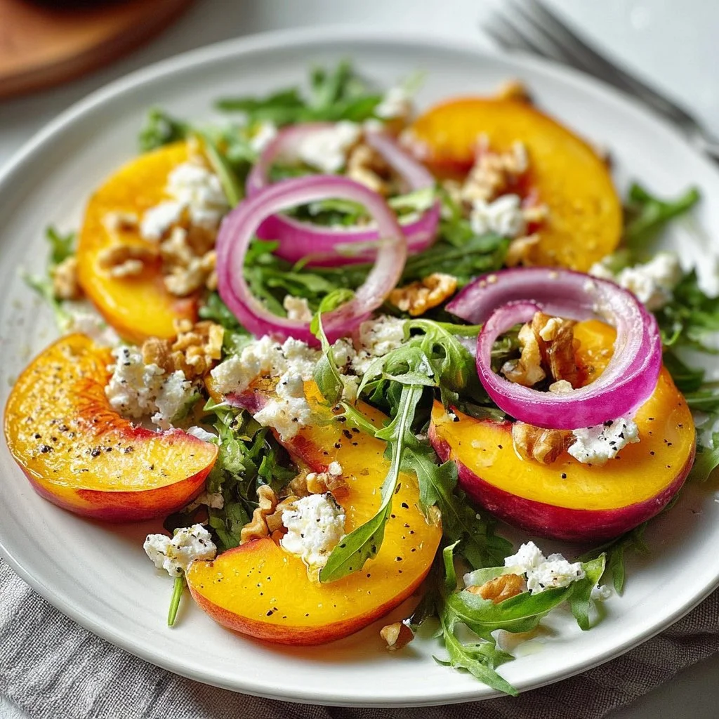 Fresh sweet peach salad with greens and nuts