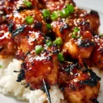 Grilled teriyaki chicken skewers garnished with sesame seeds and green onions