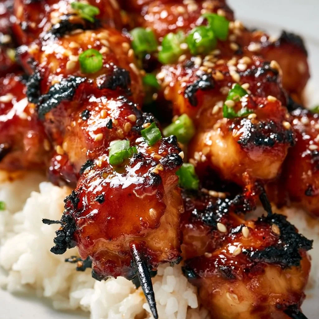 Grilled teriyaki chicken skewers garnished with sesame seeds and green onions