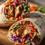 Thai chicken wrap with crunchy Asian slaw on a plate