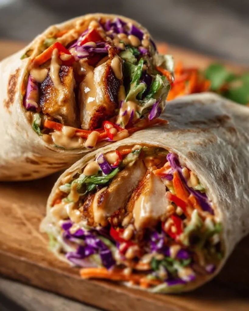 Thai chicken wrap with crunchy Asian slaw on a plate