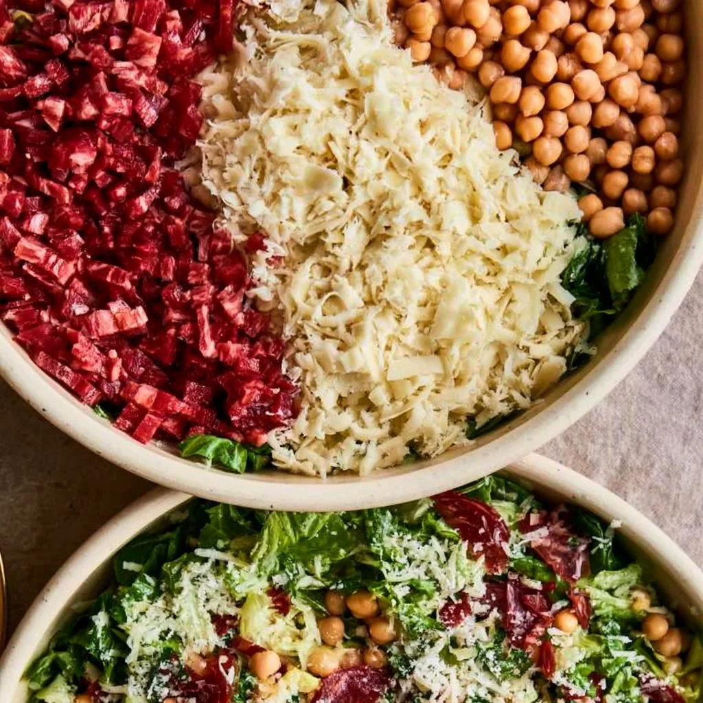 A vibrant bowl of The Scala Chopped Salad with fresh vegetables and dressing.