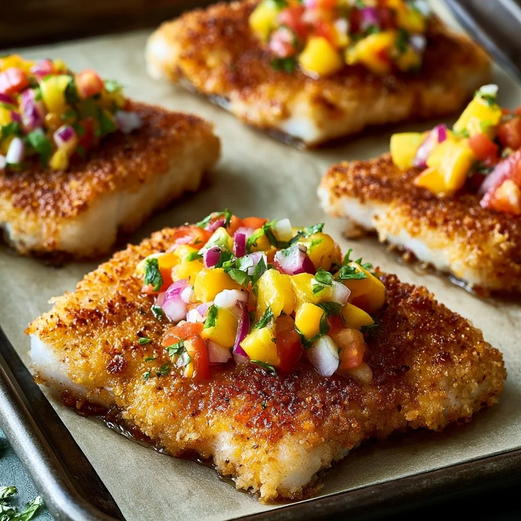 Tropical Coconut Crusted Fish topped with fresh Mango Salsa on a plate.