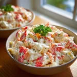 A vibrant bowl of ultimate crab salad garnished with herbs and fresh vegetables.