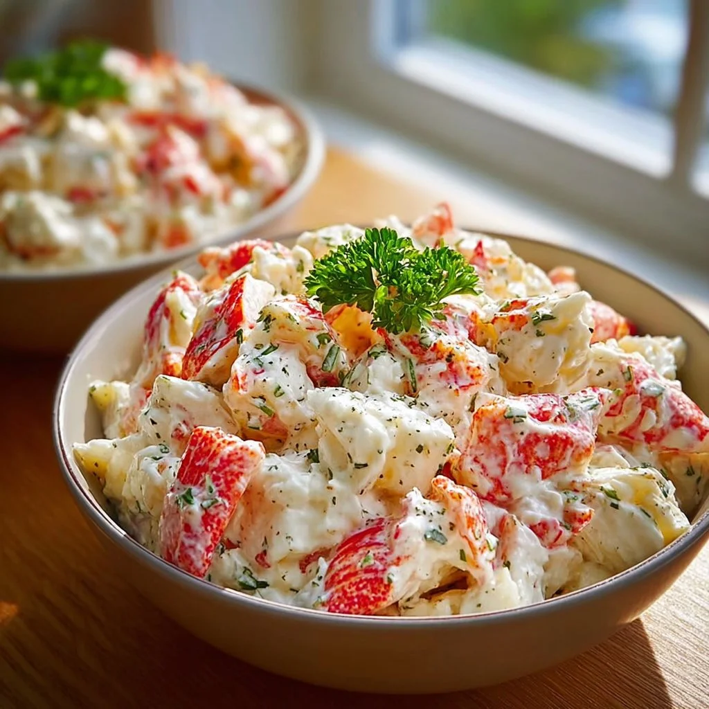 A vibrant bowl of ultimate crab salad garnished with herbs and fresh vegetables.