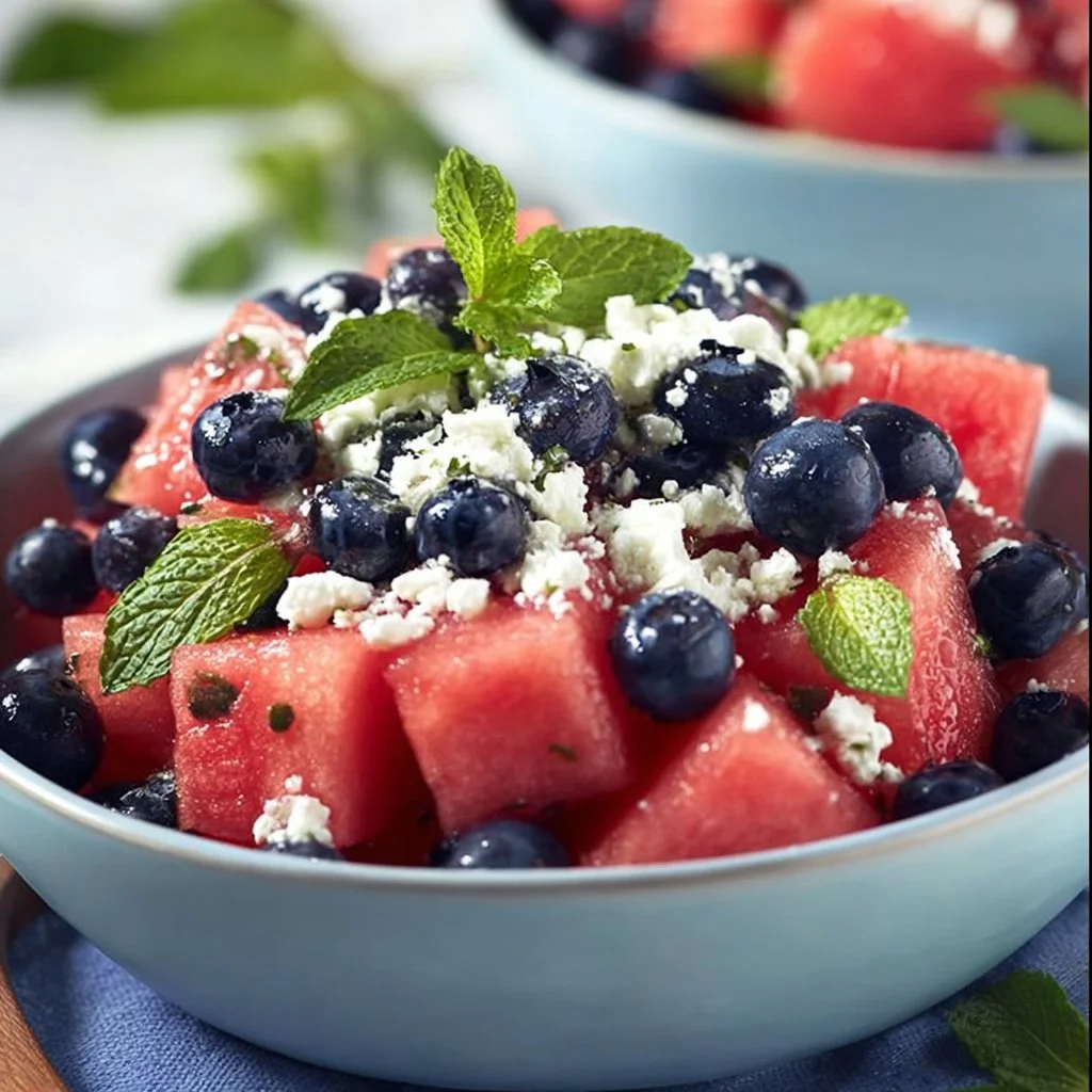 Watermelon feta blueberry salad with fresh ingredients in a bowl.