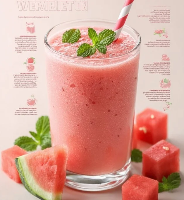 Refreshing watermelon smoothie served in a glass with fresh fruit.
