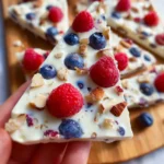 Colorful yogurt bark topped with fruits and nuts, a healthy frozen dessert.
