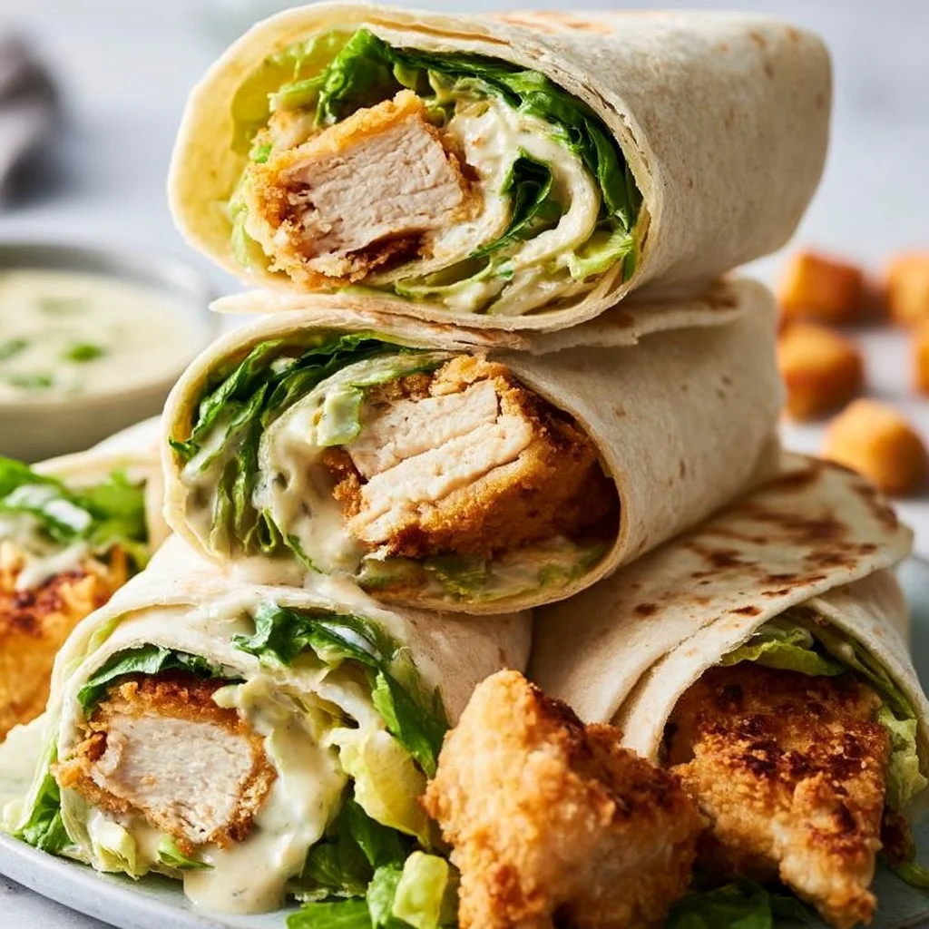 Delicious Chicken Caesar Wrap with chicken, romaine lettuce, and Caesar dressing.
