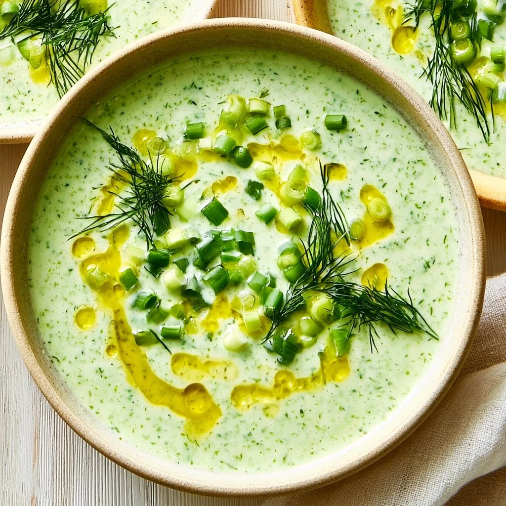 A bowl of refreshing no-cook cucumber gazpacho garnished with herbs.