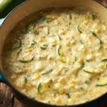 Delicious corn and zucchini chowder served in a bowl with fresh herbs and vegetables