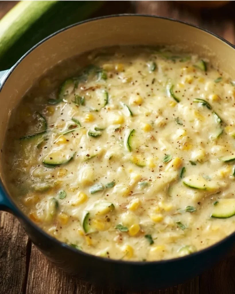 Delicious corn and zucchini chowder served in a bowl with fresh herbs and vegetables